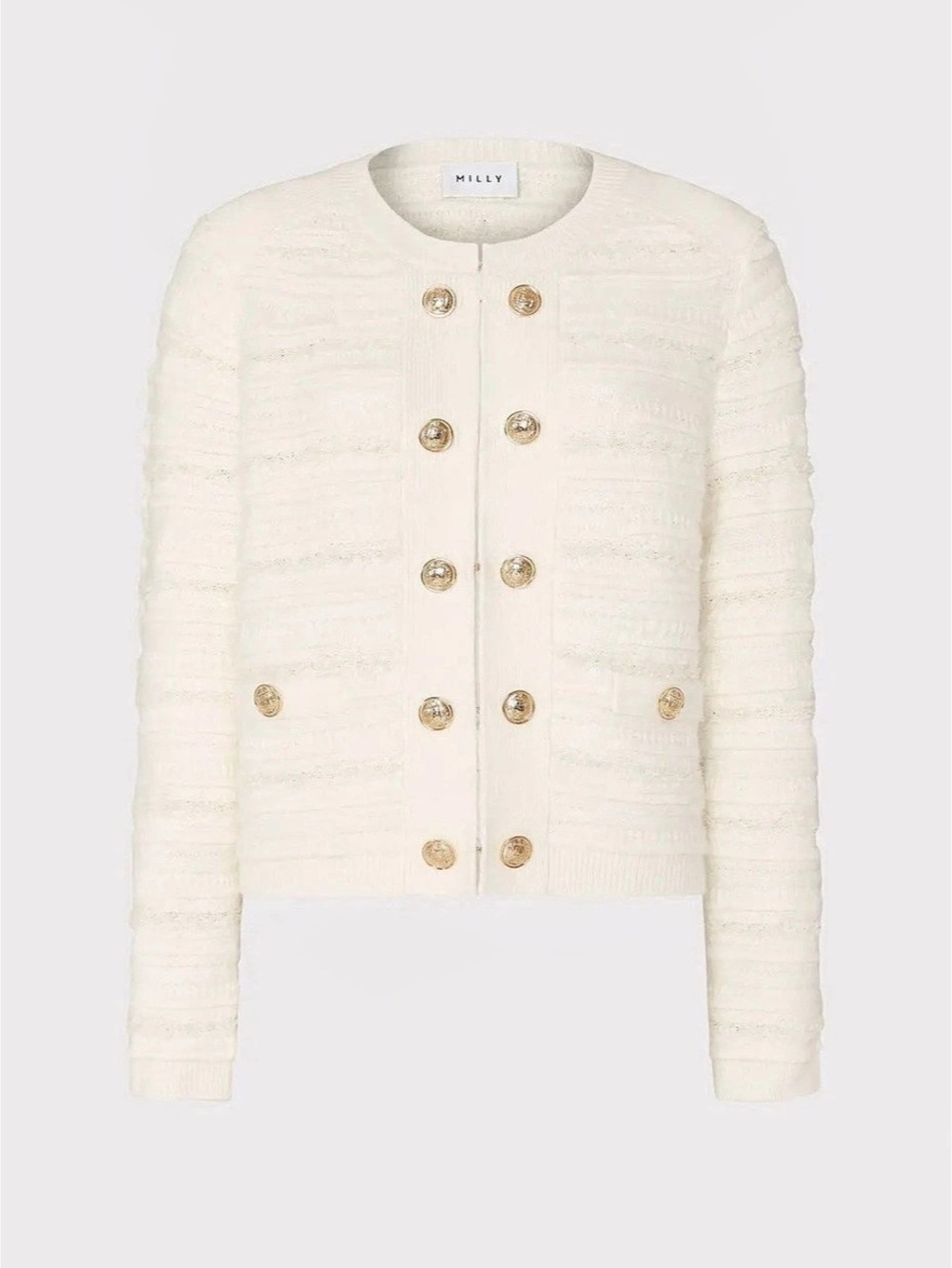 MILLY Cream Textured Knit Gold Button Cardigan Jacket L NWT